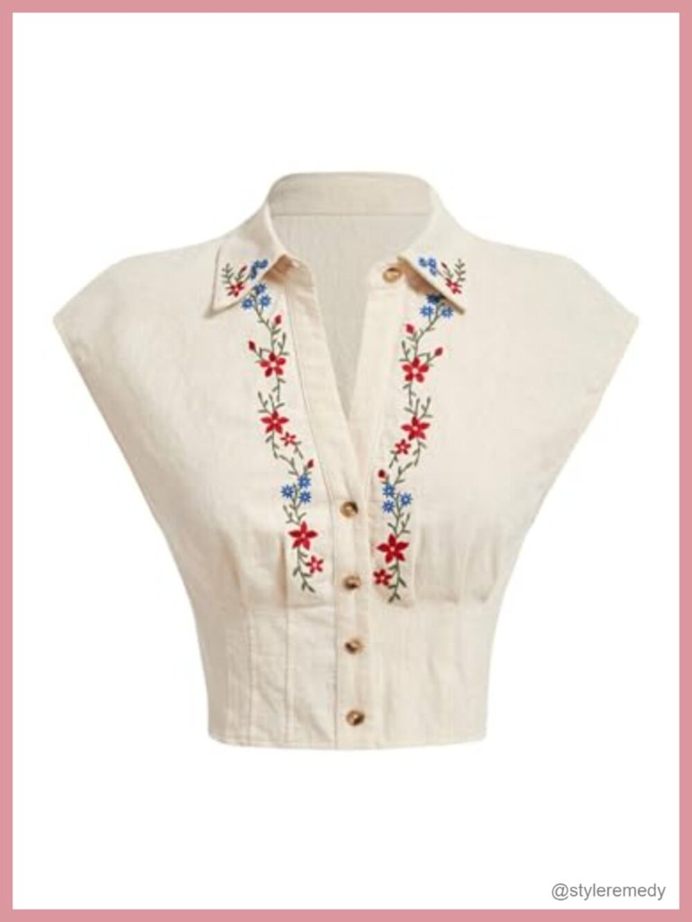 Women's Floral Embroidered Blouse Cap Sleeve Button Boho Smocked Collar Crop Top